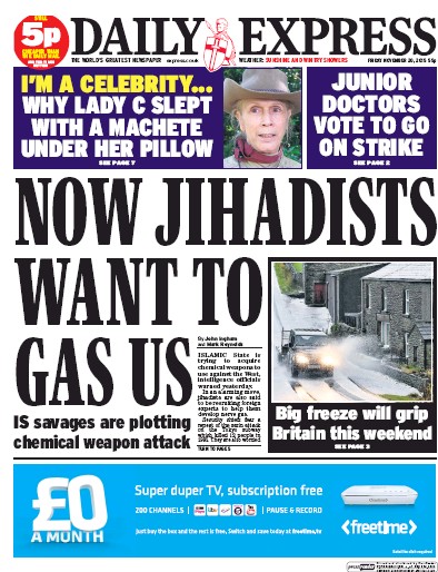Daily Express Newspaper Front Page (UK) for 20 November 2015