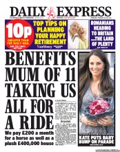 Daily Express (UK) Newspaper Front Page for 20 February 2013