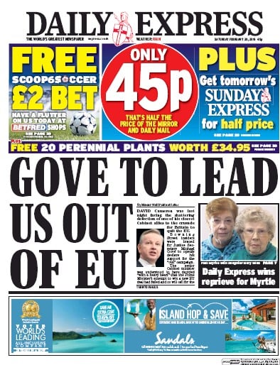 Daily Express Newspaper Front Page (UK) for 20 February 2016