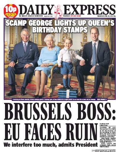 Daily Express Newspaper Front Page (UK) for 20 April 2016