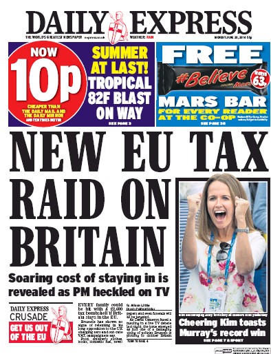 Daily Express Newspaper Front Page (UK) for 20 June 2016