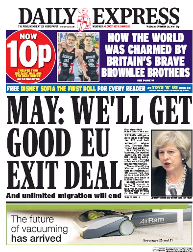 Daily Express Newspaper Front Page (UK) for 20 September 2016