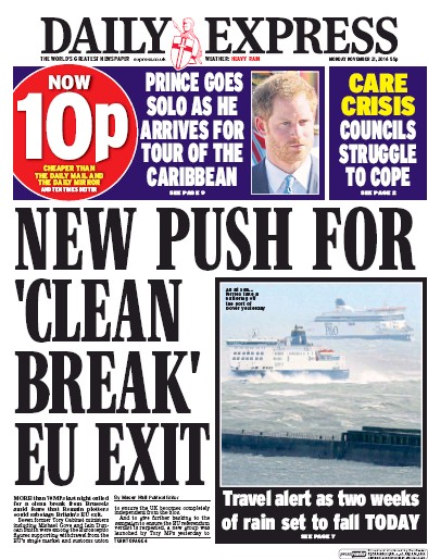 Daily Express Newspaper Front Page (UK) for 21 November 2016