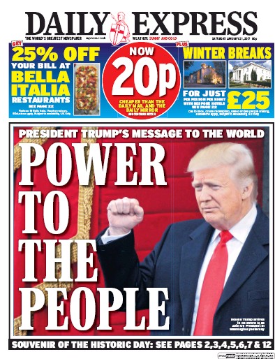 Daily Express Newspaper Front Page (UK) for 21 January 2017