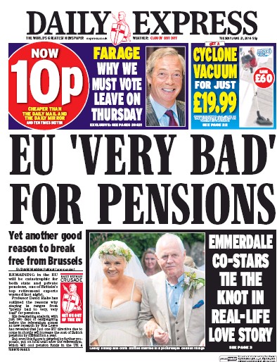 Daily Express Newspaper Front Page (UK) for 21 June 2016