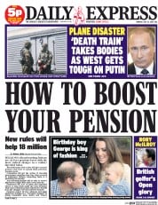 Daily Express Newspaper Front Page (UK) for 21 July 2014
