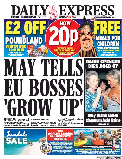 Daily Express Newspaper Front Page (UK) for 22 October 2016