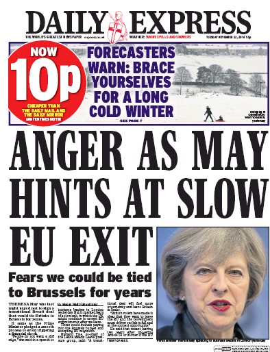 Daily Express Newspaper Front Page (UK) for 22 November 2016