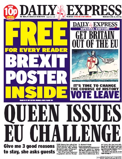 Daily Express Newspaper Front Page (UK) for 22 June 2016