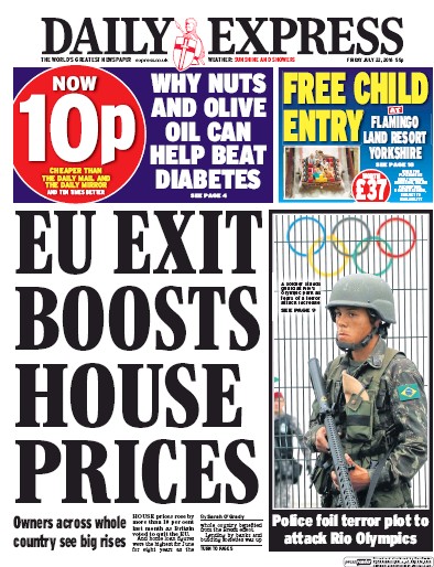 Daily Express Newspaper Front Page (UK) for 22 July 2016