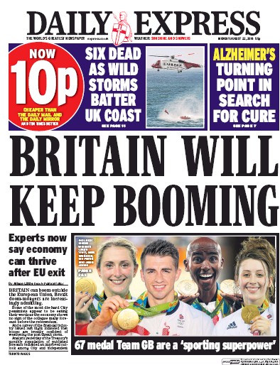 Daily Express Newspaper Front Page (UK) for 22 August 2016