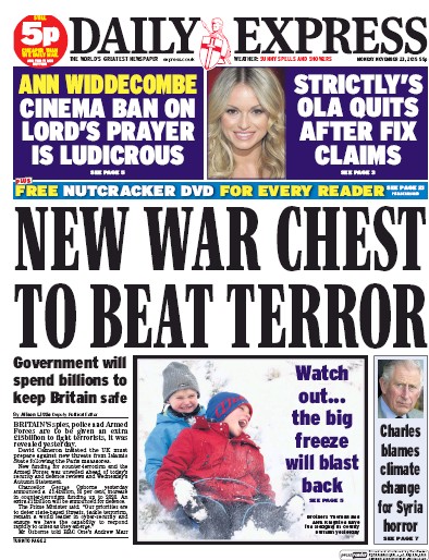 Daily Express Newspaper Front Page (UK) for 23 November 2015