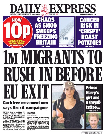 Daily Express Newspaper Front Page (UK) for 23 January 2017