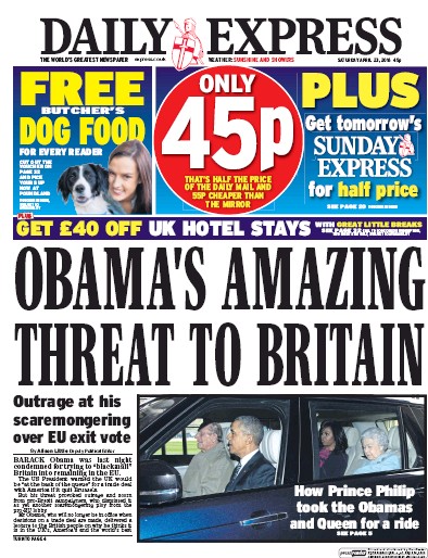 Daily Express Newspaper Front Page (UK) for 23 April 2016