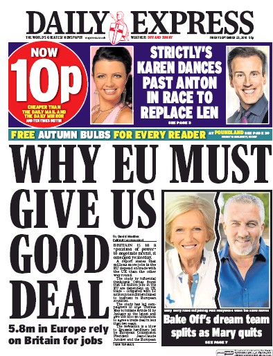 Daily Express Newspaper Front Page (UK) for 23 September 2016