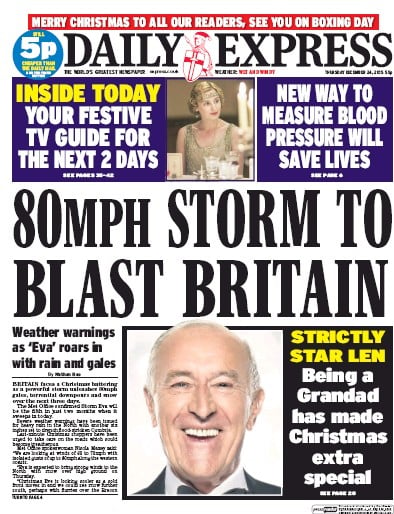 Daily Express Newspaper Front Page (UK) for 24 December 2015