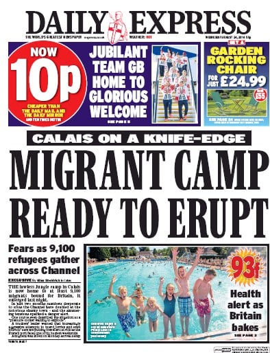Daily Express Newspaper Front Page (UK) for 24 August 2016