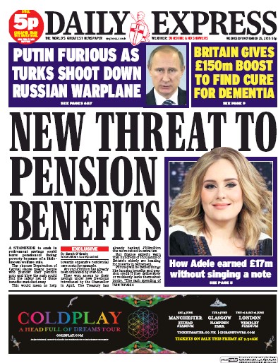 Daily Express Newspaper Front Page (UK) for 25 November 2015