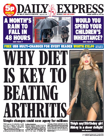 Daily Express Newspaper Front Page (UK) for 25 January 2016