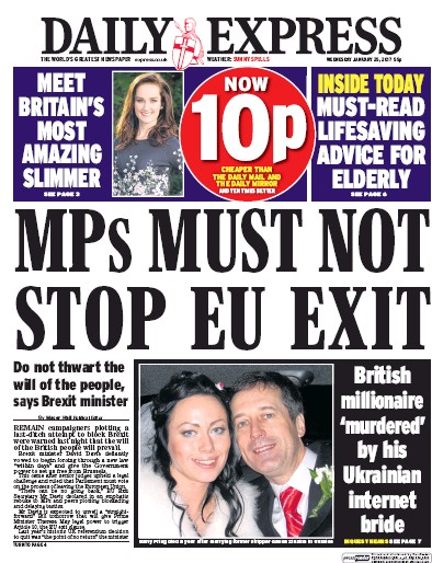 Daily Express Newspaper Front Page (UK) for 25 January 2017