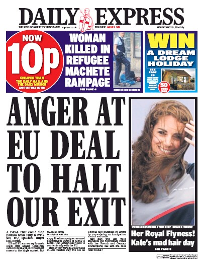 Daily Express Newspaper Front Page (UK) for 25 July 2016