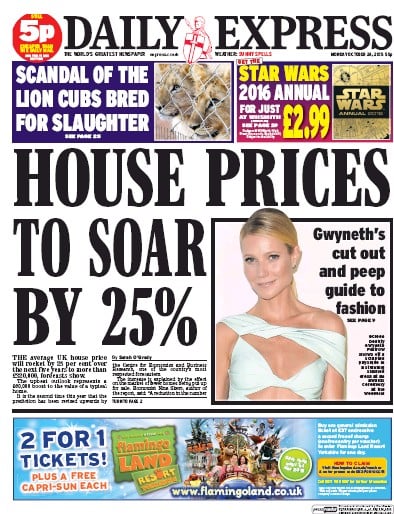 Daily Express Newspaper Front Page (UK) for 26 October 2015
