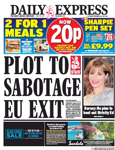 Daily Express Newspaper Front Page (UK) for 26 November 2016