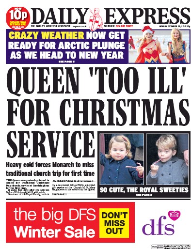 Daily Express Newspaper Front Page (UK) for 26 December 2016