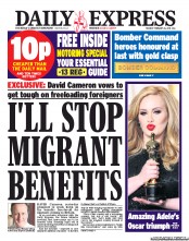 Daily Express Newspaper Front Page (UK) for 26 February 2013