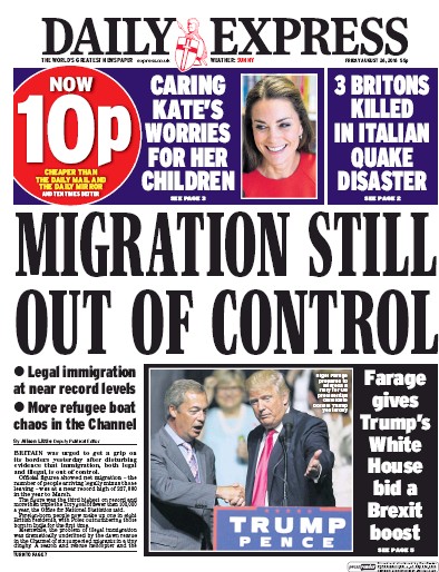 Daily Express Newspaper Front Page (UK) for 26 August 2016