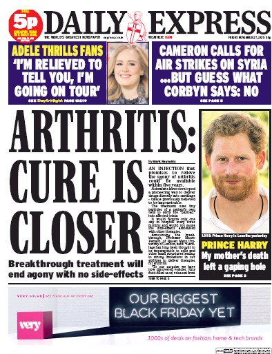 Daily Express Newspaper Front Page (UK) for 27 November 2015