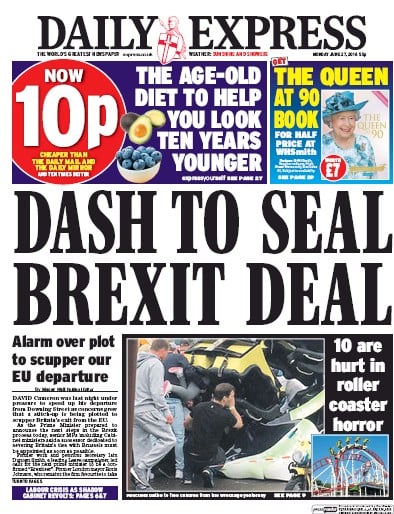 Daily Express Newspaper Front Page (UK) for 27 June 2016