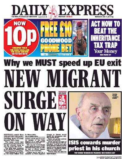 Daily Express Newspaper Front Page (UK) for 27 July 2016