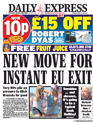 Daily Express Newspaper Front Page (UK) for 27 August 2016