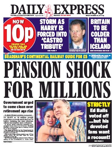Daily Express Newspaper Front Page (UK) for 28 November 2016