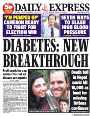 Daily Express Newspaper Front Page (UK) for 28 April 2015