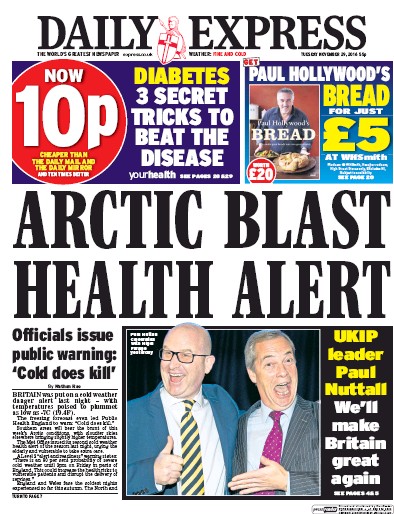 Daily Express Newspaper Front Page (UK) for 29 November 2016