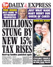 Daily Express Newspaper Front Page (UK) for 29 January 2013