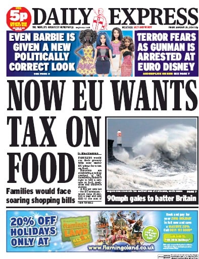 Daily Express Newspaper Front Page (UK) for 29 January 2016