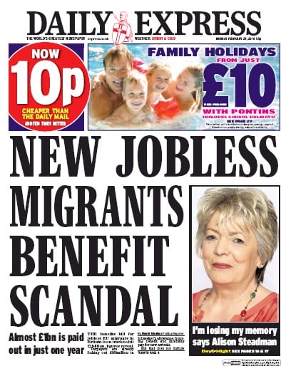 Daily Express Newspaper Front Page (UK) for 29 February 2016