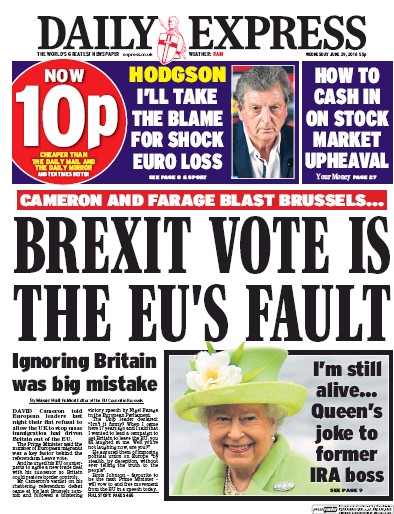 Daily Express Newspaper Front Page (UK) for 29 June 2016