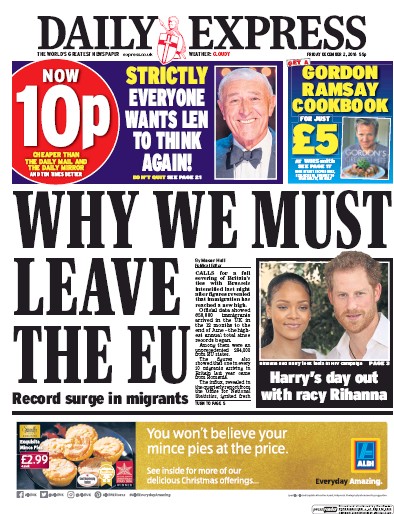 Daily Express Newspaper Front Page (UK) for 2 December 2016