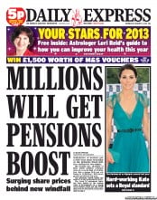 Daily Express (UK) Newspaper Front Page for 2 January 2013