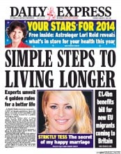 Daily Express (UK) Newspaper Front Page for 2 January 2014