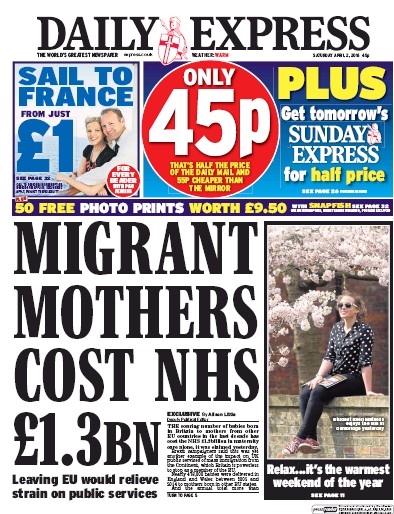 Daily Express Newspaper Front Page (UK) for 2 April 2016