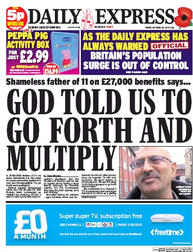 Daily Express Newspaper Front Page (UK) for 30 October 2015