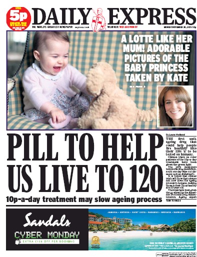 Daily Express Newspaper Front Page (UK) for 30 November 2015