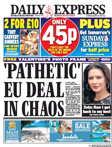 Daily Express Newspaper Front Page (UK) for 30 January 2016