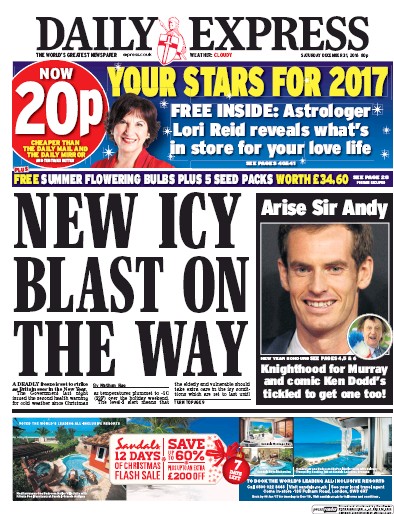 Daily Express Newspaper Front Page (UK) for 31 December 2016