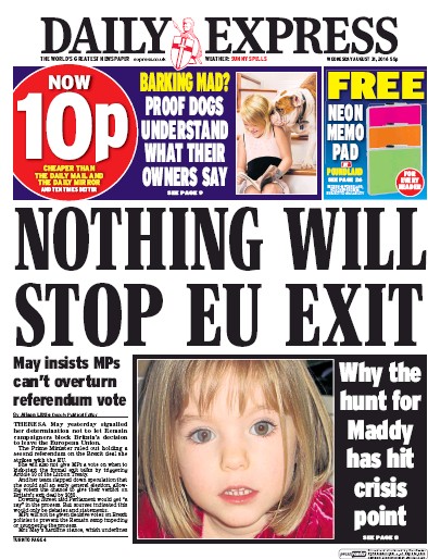 Daily Express Newspaper Front Page (UK) for 31 August 2016